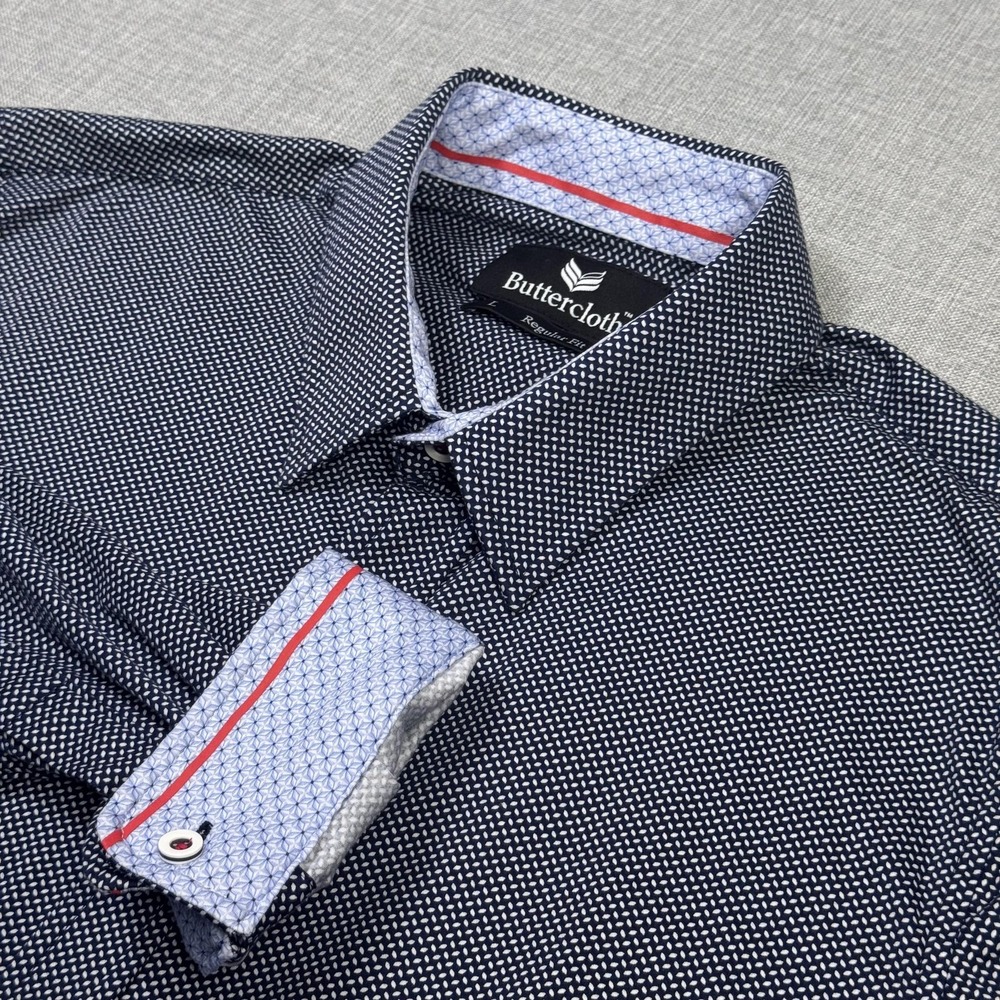 Buttercloth Button-Up Dress Shirt Men Large Blue Geometric Flip Cuff Regular Fit